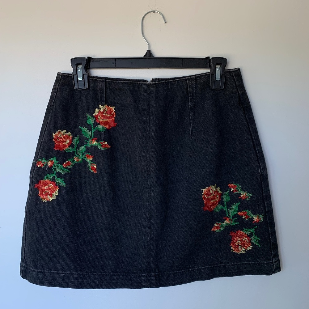 Black Denim Skirt with Floral Embroidery
